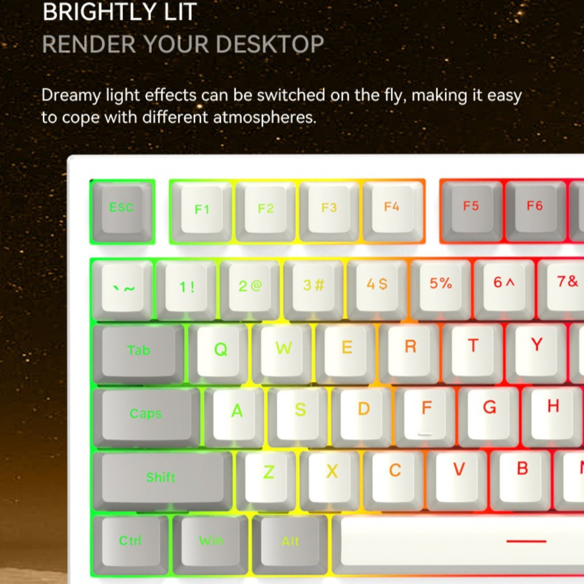 Eine weiße Tastatur mit farbigen Tasten. Die Tasten sind farbig, die Schrift weiß.