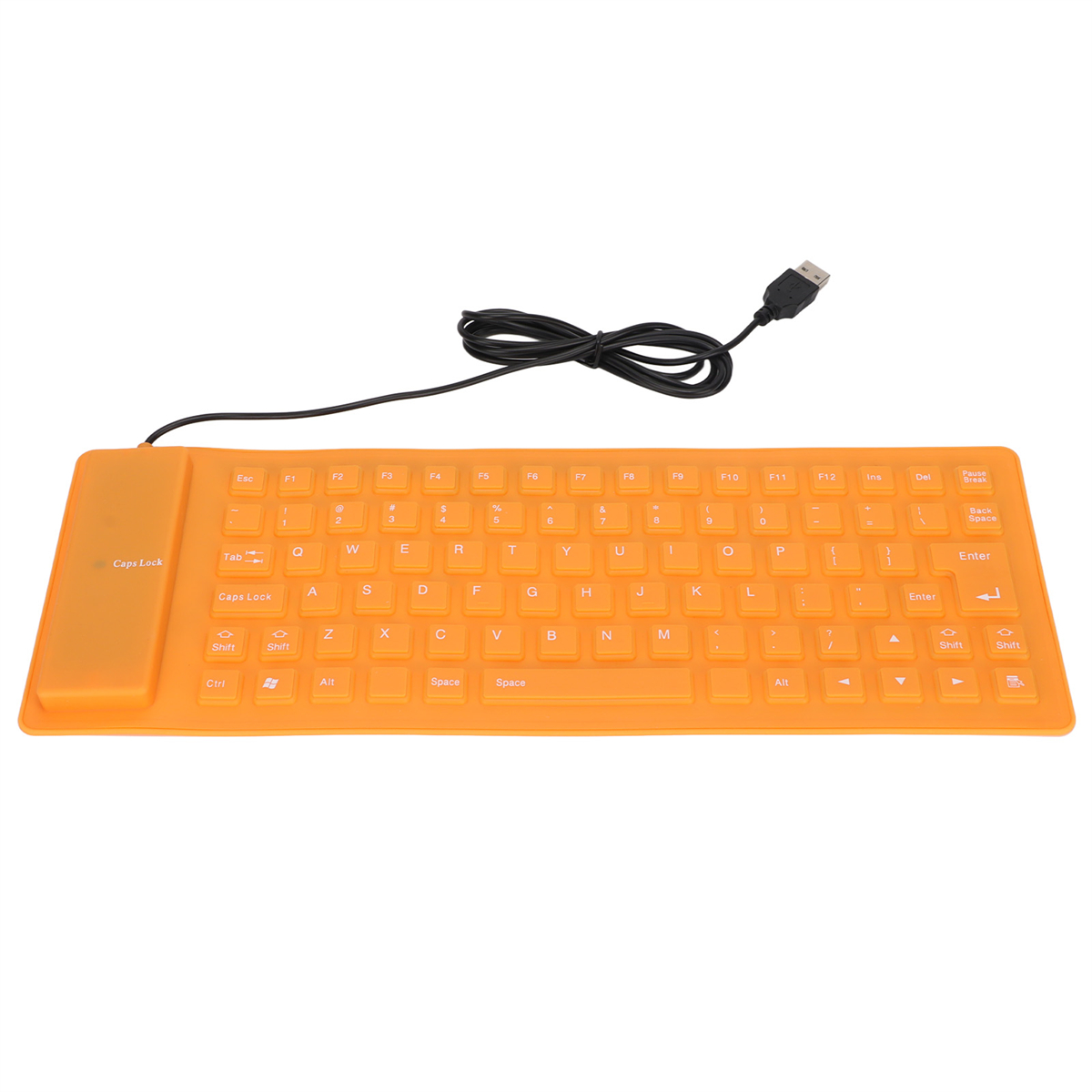 Orange, flexibles Keyboard mit USB-Anschluss. Tasten sind mit weißen Buchstaben beschriftet. Schwarzes Kabel.