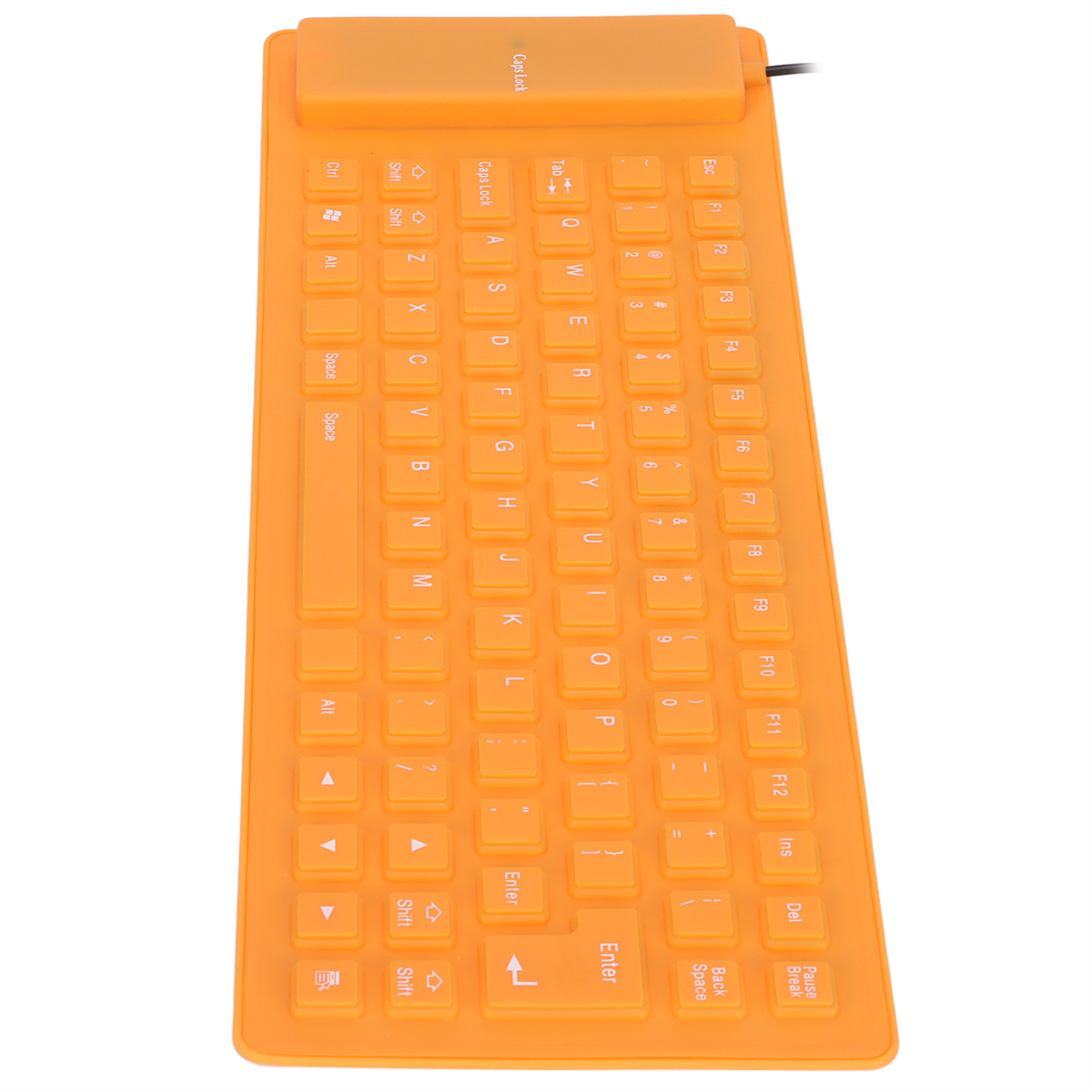 Eine orangefarbene, flexible Tastatur mit weißen Buchstaben und schwarzem Kabel.