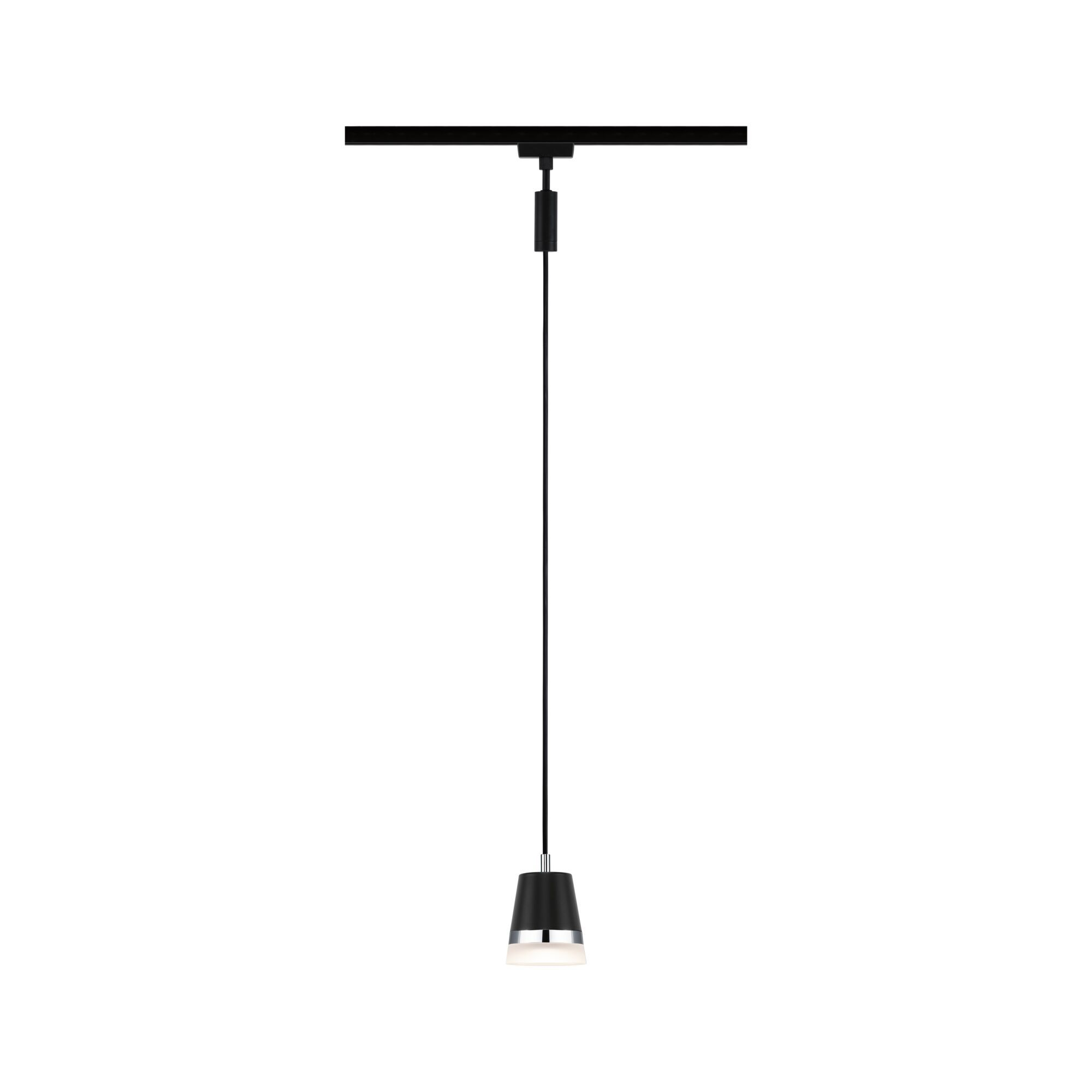 Czarna lampa wisząca z czarnym przewodem i białym światłem na dole na białym tle.