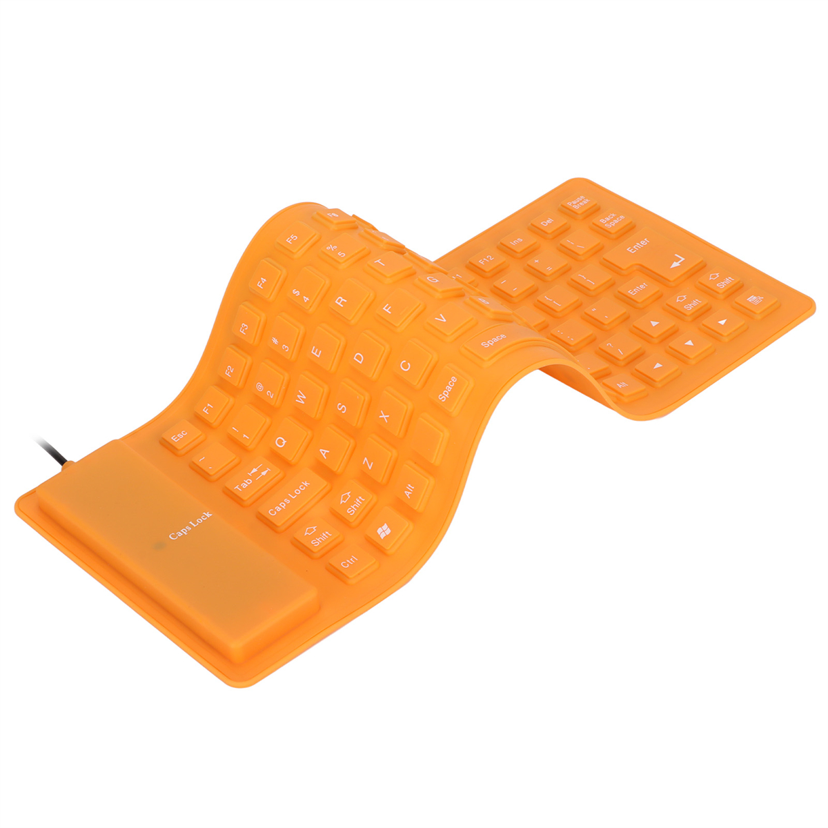 Eine orangefarbene, flexible Tastatur mit weißen Tasten, die mit Buchstaben und Symbolen beschriftet sind.