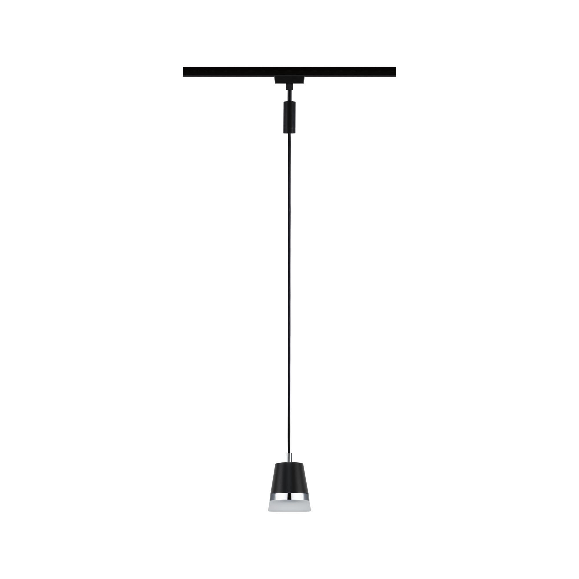 Czarna lampa wisząca ze srebrnym dnem, wisząca na czarnym sznurze.