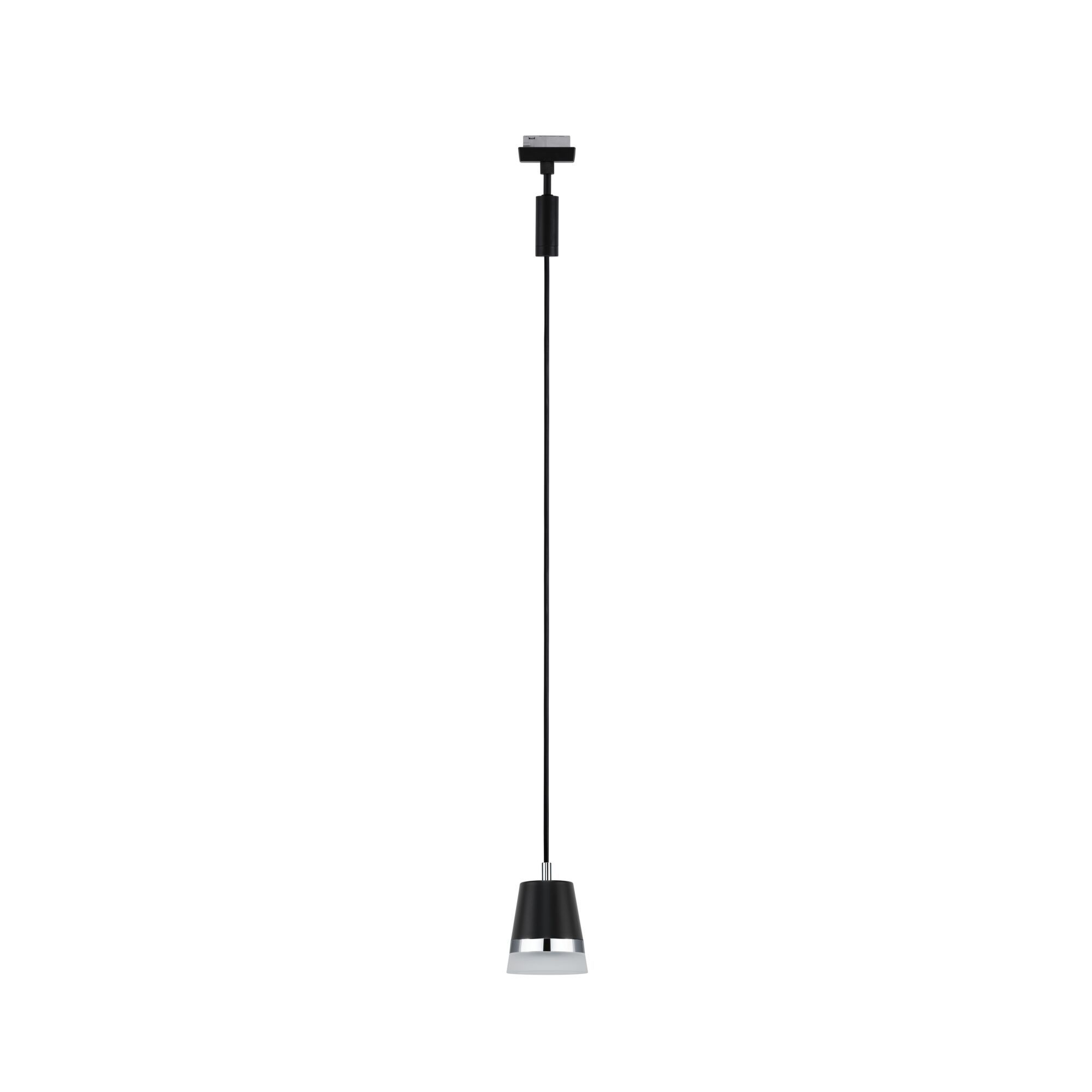 Lampa wisząca z czarnym abażurem i srebrnymi detalami, wisząca na białym tle.
