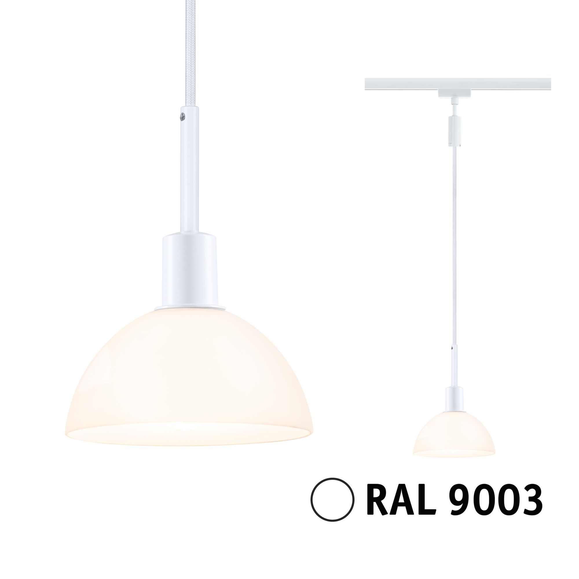 Zwei weiße Pendelleuchten, eine hängend, mit weißem Hintergrund und der Farbe RAL 9003.