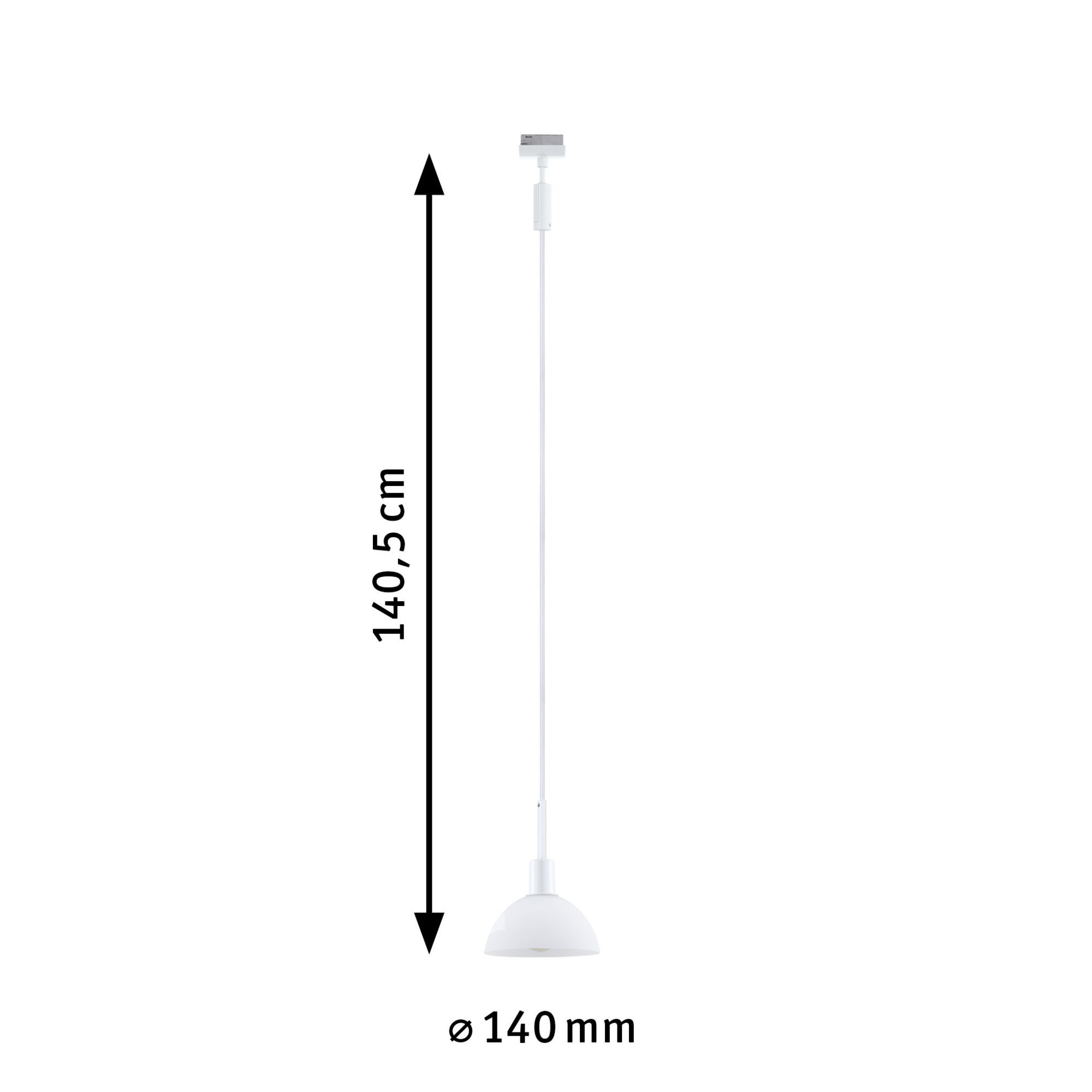 Eine weiße Pendelleuchte mit Abmessungen: 140,5 cm lang, 140 mm Durchmesser. Es ist vor weißem Hintergrund.