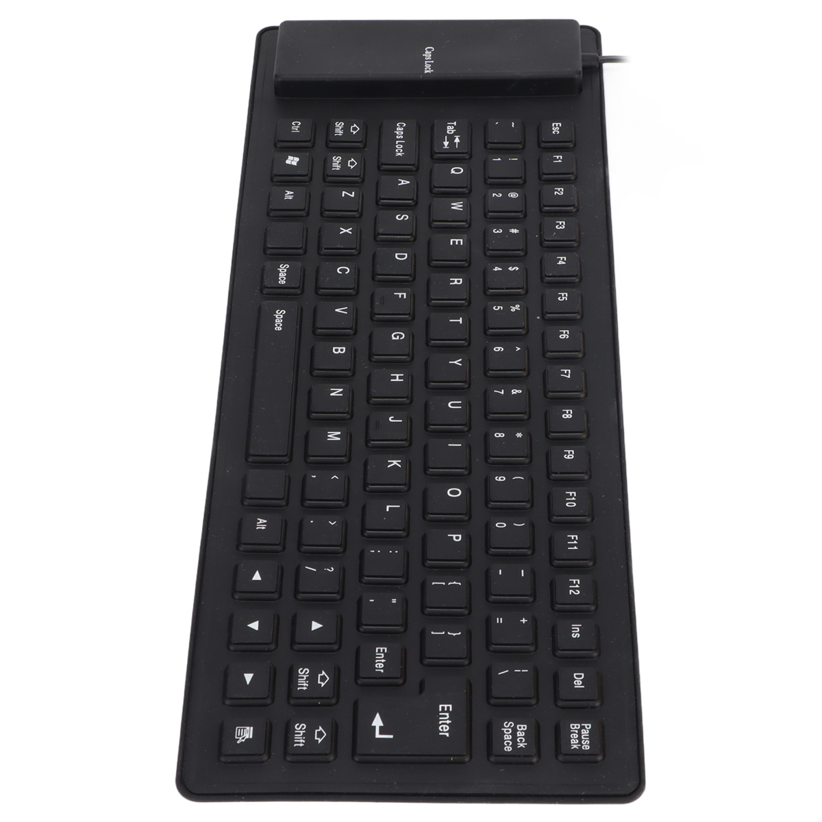 Schwarze, flexible Tastatur mit Tasten und einer Feststelltaste.