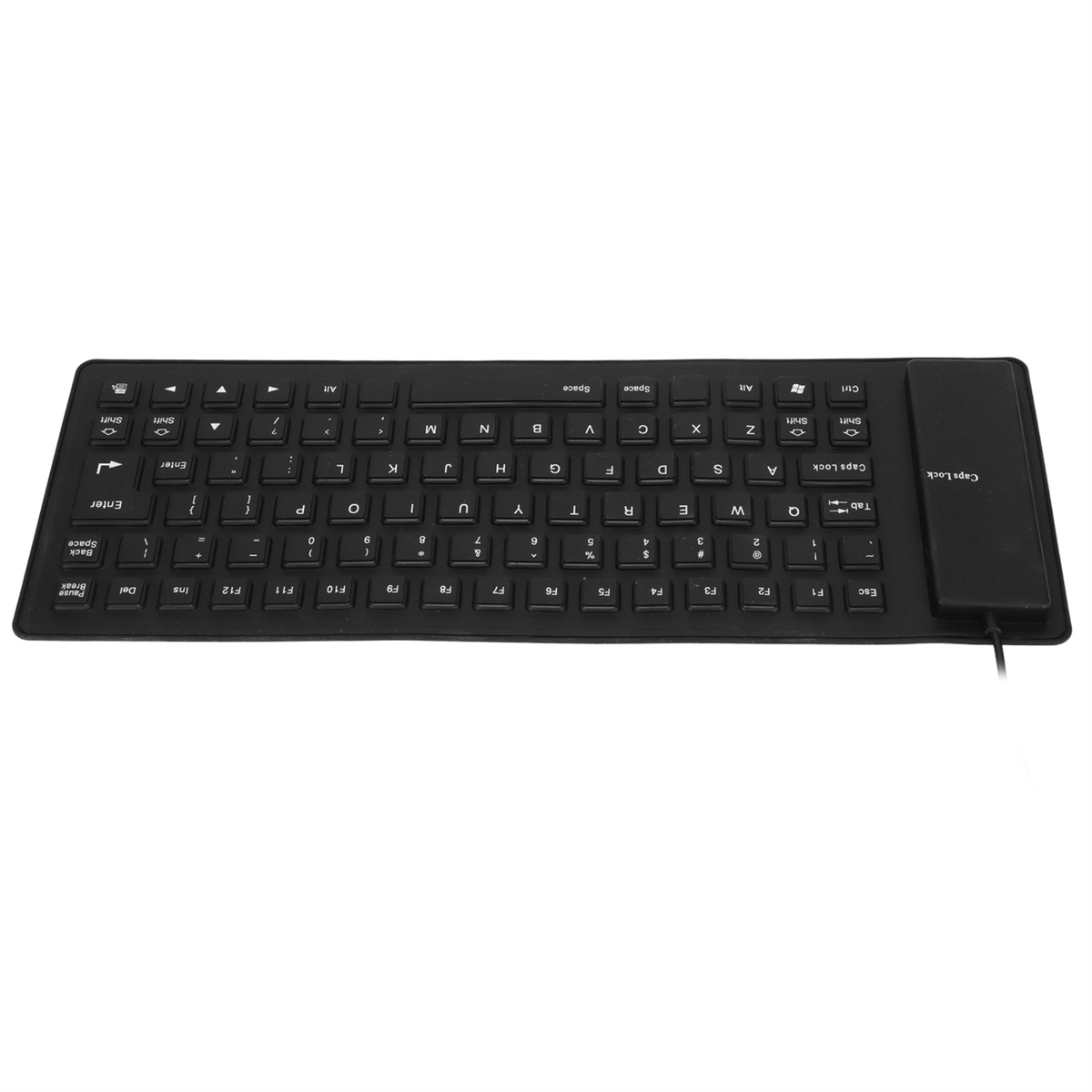 Schwarze flexible Tastatur. Weiße Tasten mit schwarzer Beschriftung. Kabelanschluss. Flache Form.