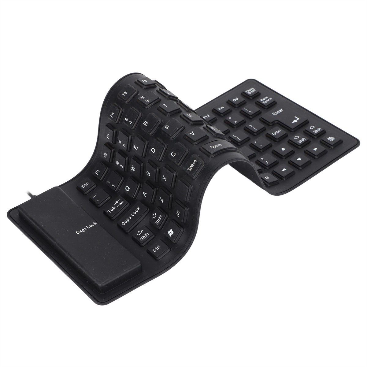 Eine flexible schwarze Tastatur auf weißer Oberfläche, in der Mitte gebogen.
