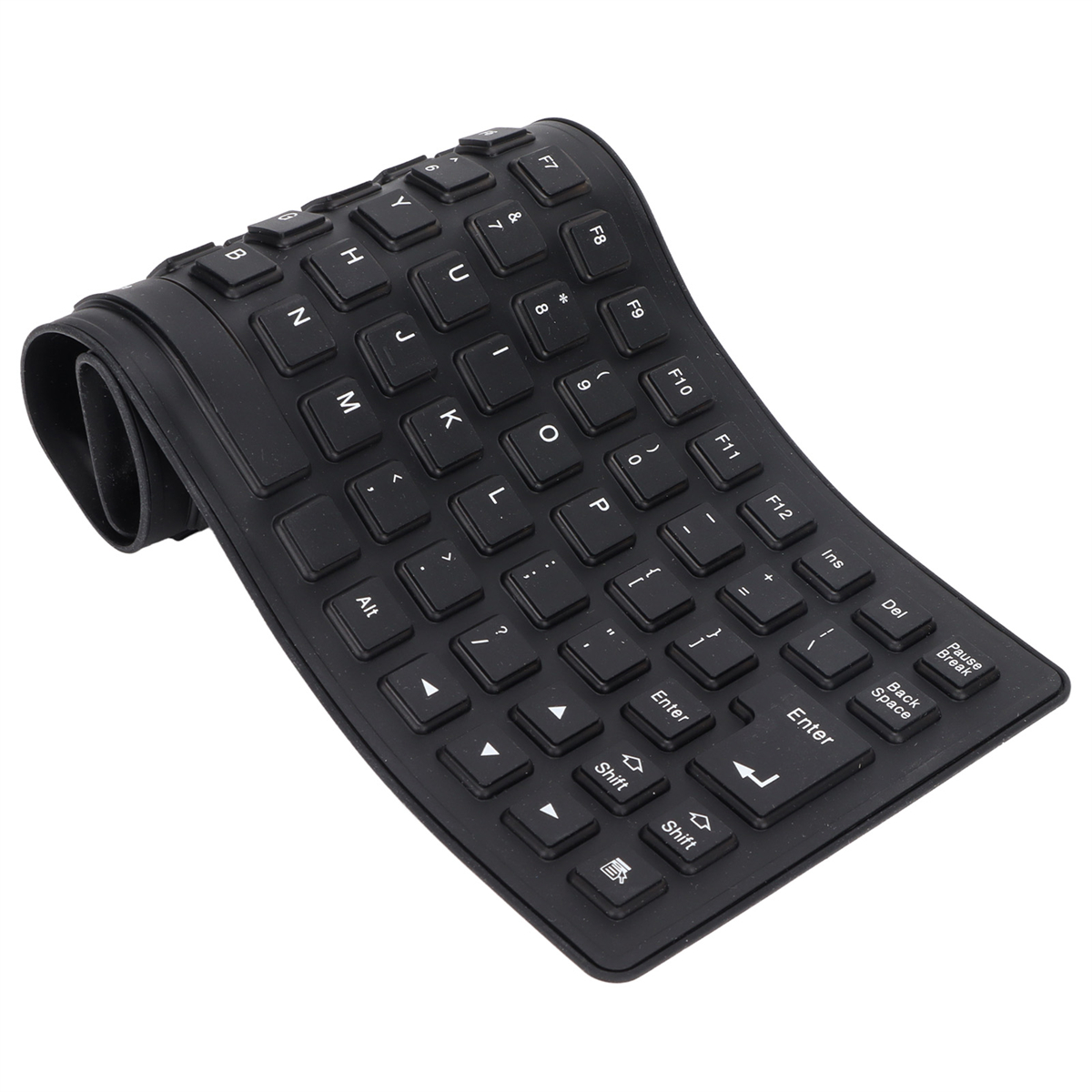 Schwarze, flexible Tastatur, aufgerollt, mit weißen Buchstaben.