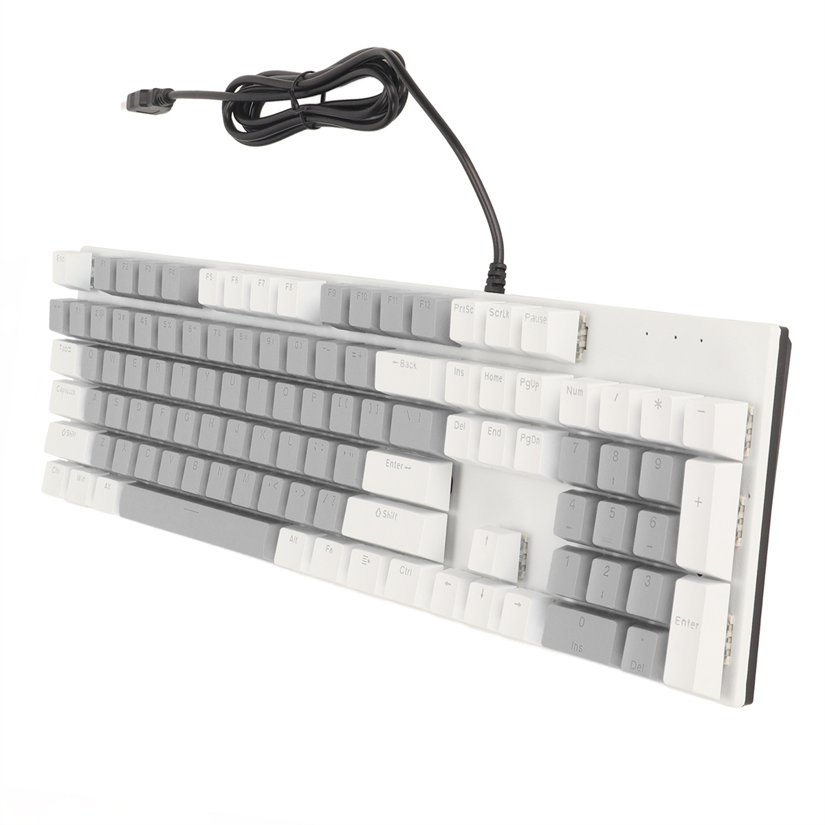 Weiße und graue Tastatur mit schwarzem Kabel.
