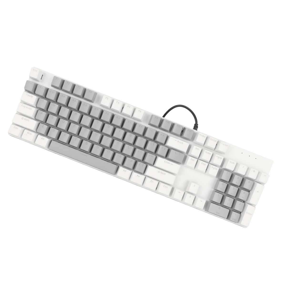 Weiß-graue Tastatur mit schwarzem Kabel. Die Tasten sind weiß und grau, in Standard-Layout.