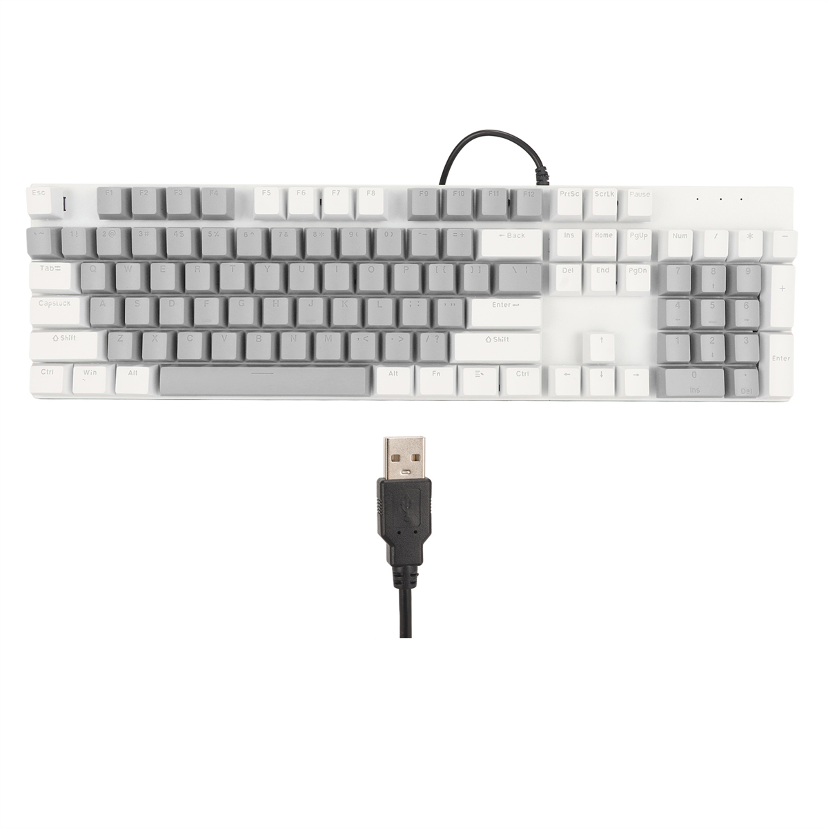Weiße und graue Tastatur mit angeschlossenem USB-Kabel, Tasten mit Buchstaben und Symbolen beschriftet.