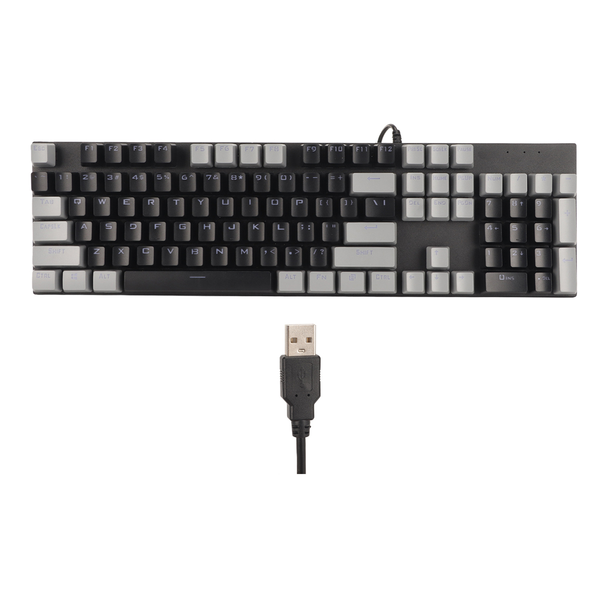 Eine schwarz-graue Tastatur mit weißen Tasten und einem USB-Kabel.