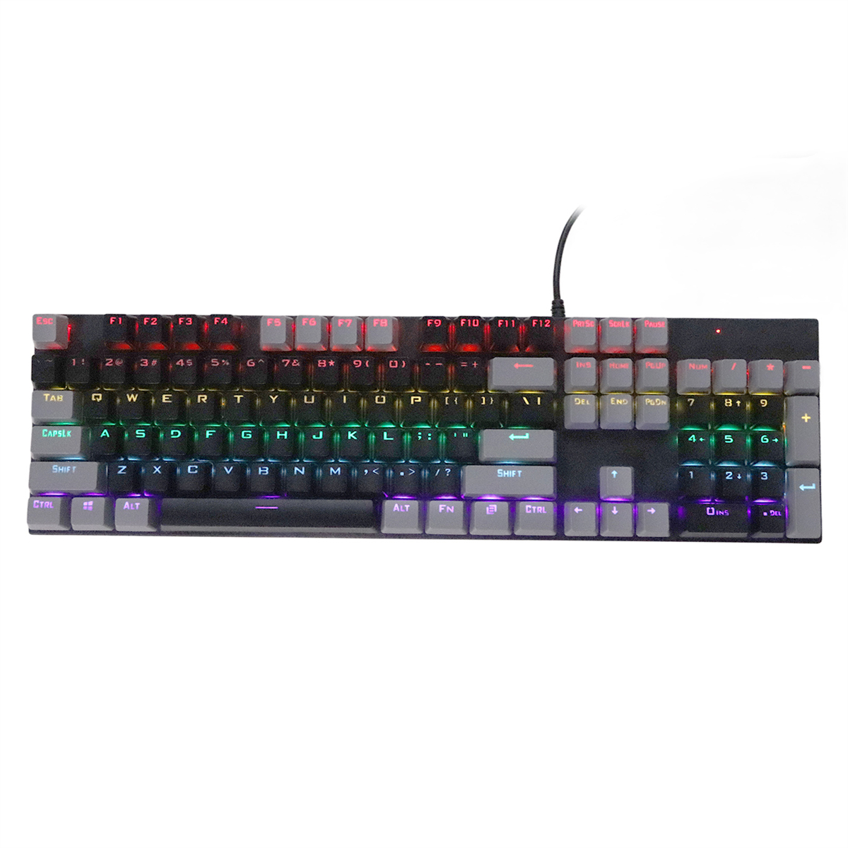 Schwarze Tastatur mit farbcodierten Tasten. Die Tastatur ist schwarz, mit verschiedenfarbigen Tasten.