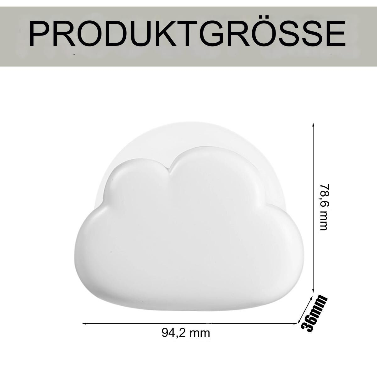 Ein weißes wolkenförmiges Licht. Abmessungen: 94,2 mm x 78,6 mm x 36 mm. Der Text 'PRODUKTGRÖSSE' steht oben.
