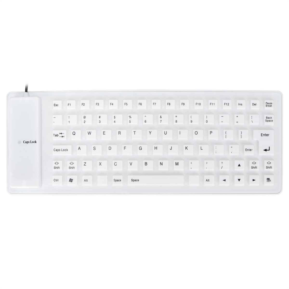 Eine weiße Tastatur mit weißen Tasten und einem weißen Rand auf weißem Hintergrund.