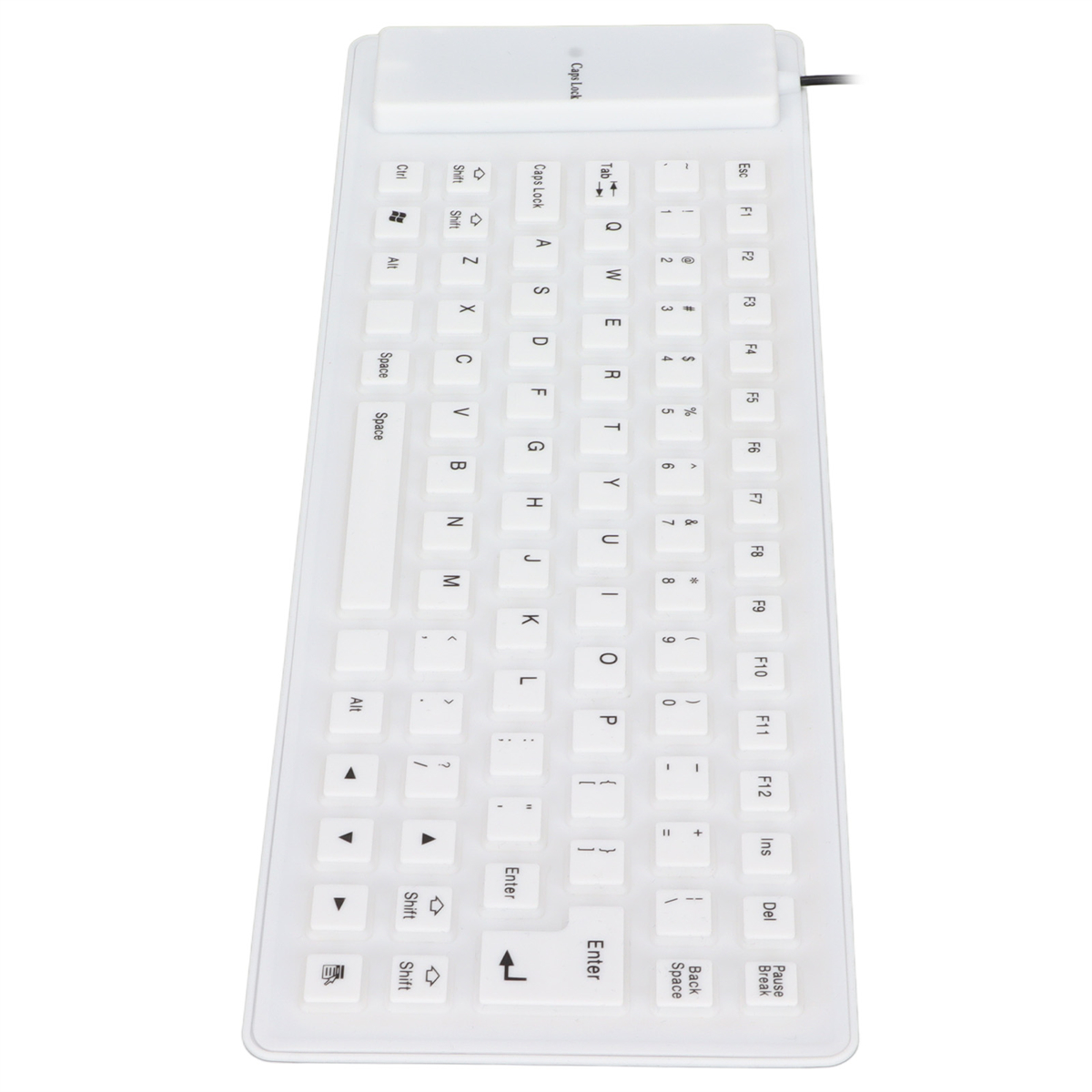 Weiße, flexible Tastatur mit Buchstaben und Zahlen. Die Tastatur liegt auf einer weißen Oberfläche.