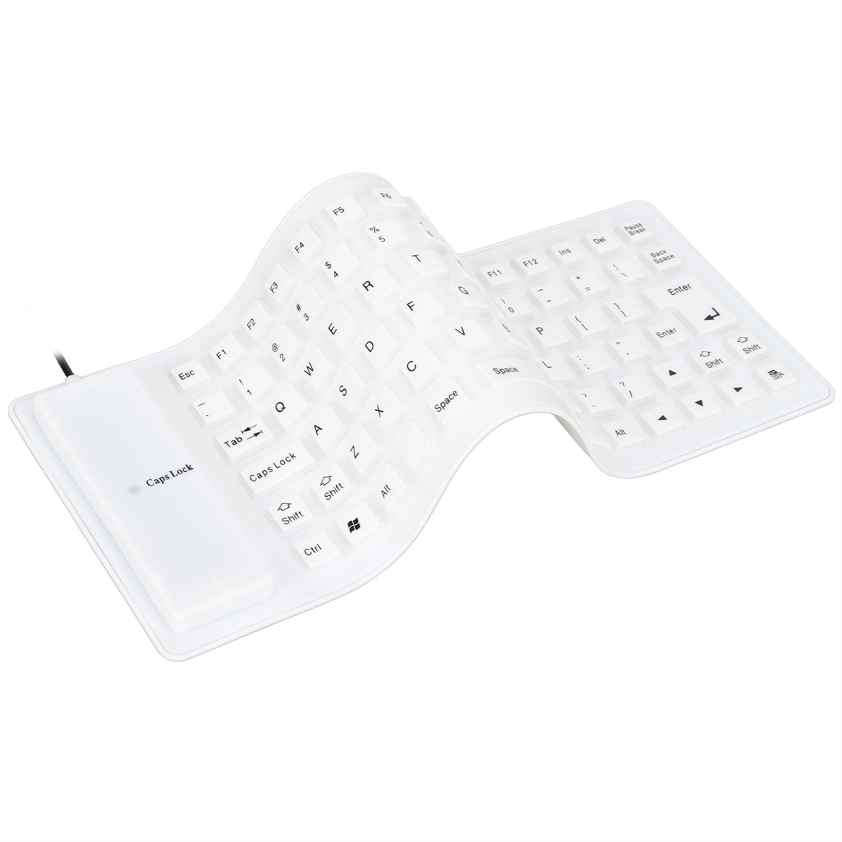 Flexible weiße Tastatur. Buchstaben und Symbole sind auf den Tasten aufgedruckt. Die Tastatur ist gekrümmt.