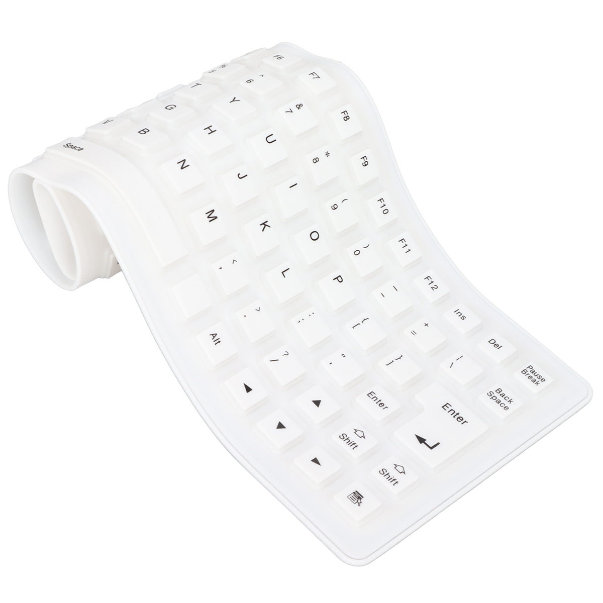 Eine flexible weiße Silikon-Tastaturabdeckung mit Buchstaben, Zahlen und Symbolen.