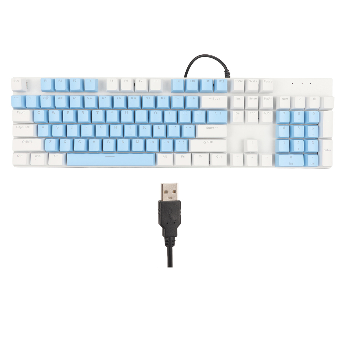 Weiße mechanische Tastatur mit blauen Tasten und USB-Kabel.