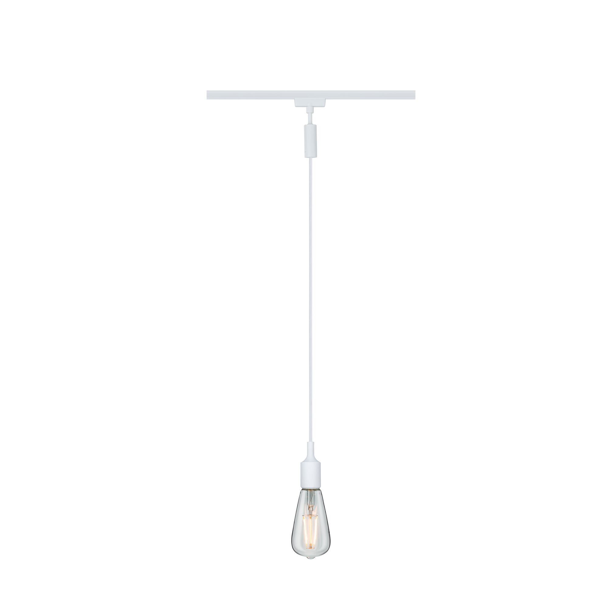 Eine weiße Pendelleuchte mit einer einzelnen Edison-Glühbirne.