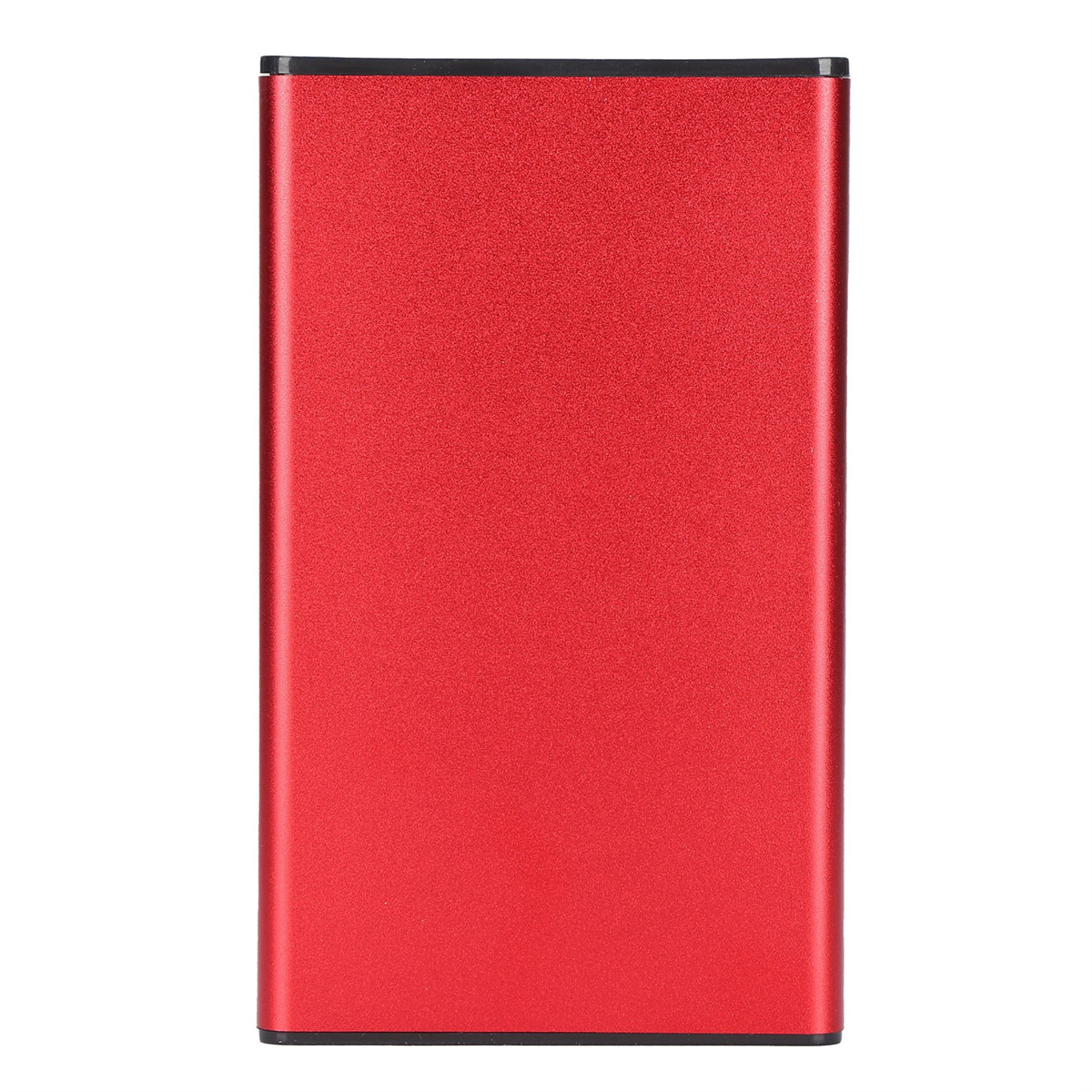 Rote, rechteckige Powerbank mit schwarzem Rand, schlichtes Design.