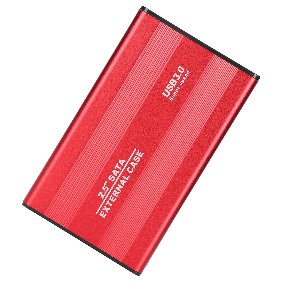 Ein rotes externes Festplattengehäuse mit USB 3.0-Schriftzug. Das Gehäuse hat vertikale Linien.