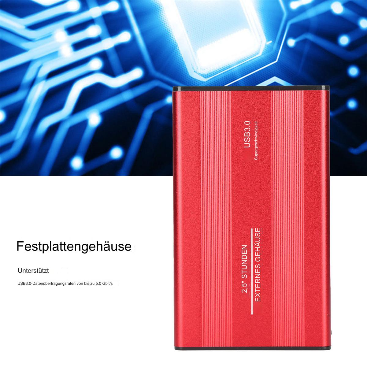 Rote externe Festplatte mit weißem Text und blauem Hintergrund mit Lichtstreifen.