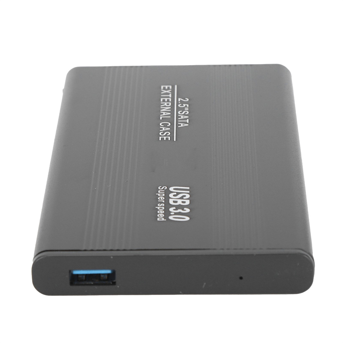 Schwarzes externes Festplattengehäuse. Hat einen USB 3.0-Anschluss und Text '2.5 SATA'.
