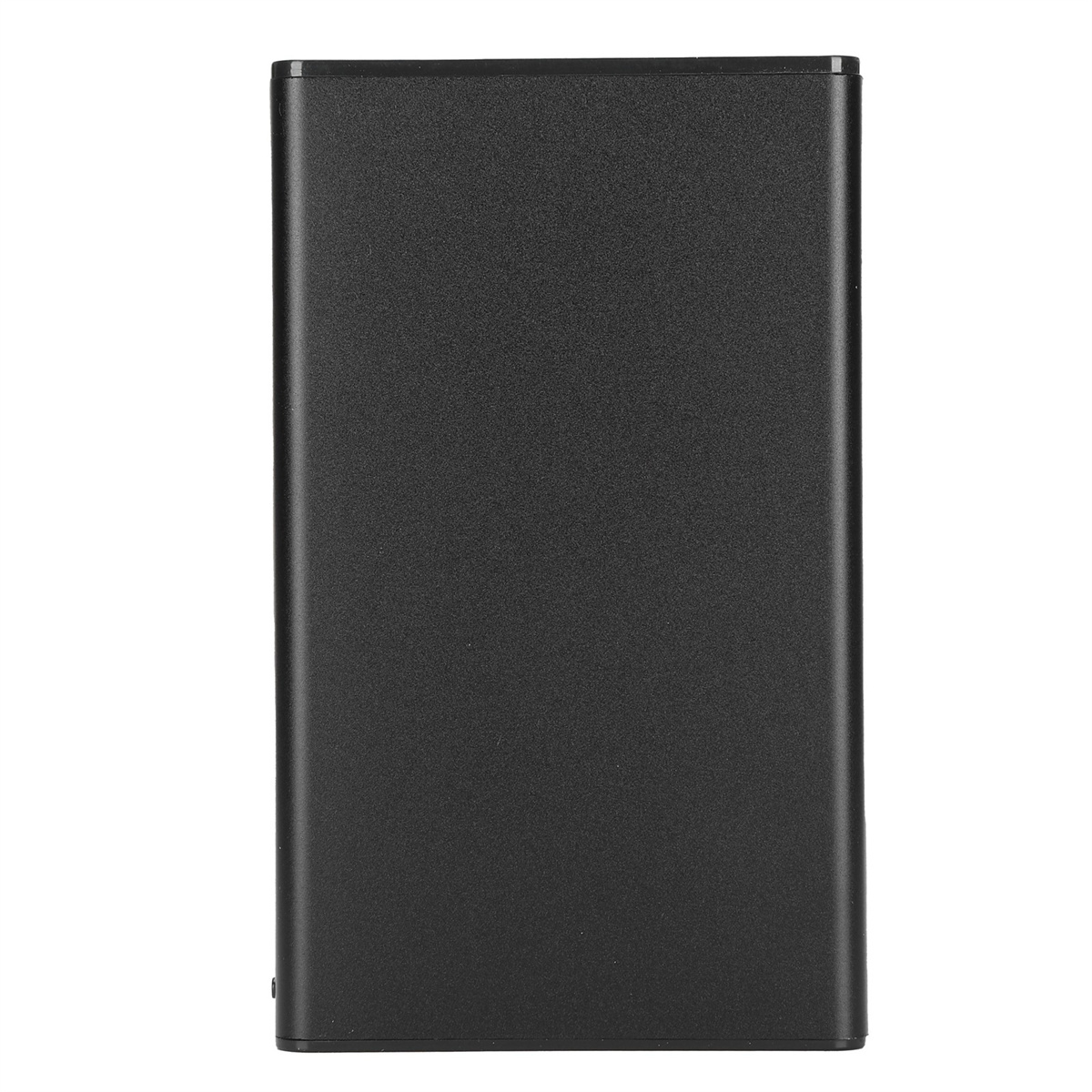 Eine schwarze, rechteckige Powerbank vor weißem Hintergrund.