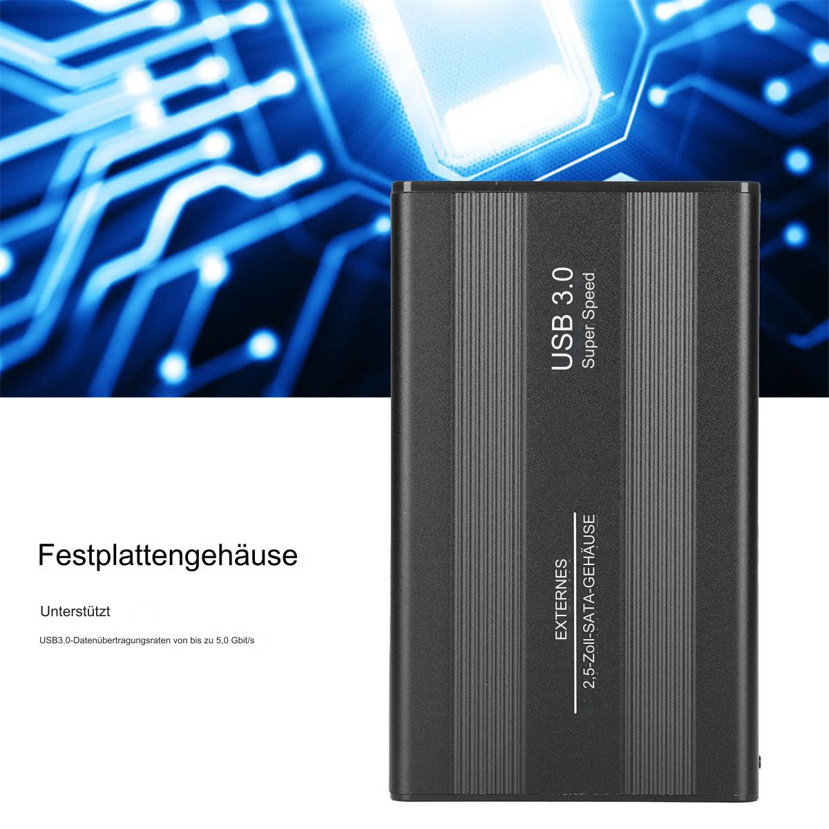 Eine schwarze externe USB 3.0 Festplatte. Der Text lautet „USB 3.0 Super Speed“ und „2,5-Zoll-SATA-GEHÄUSE“.