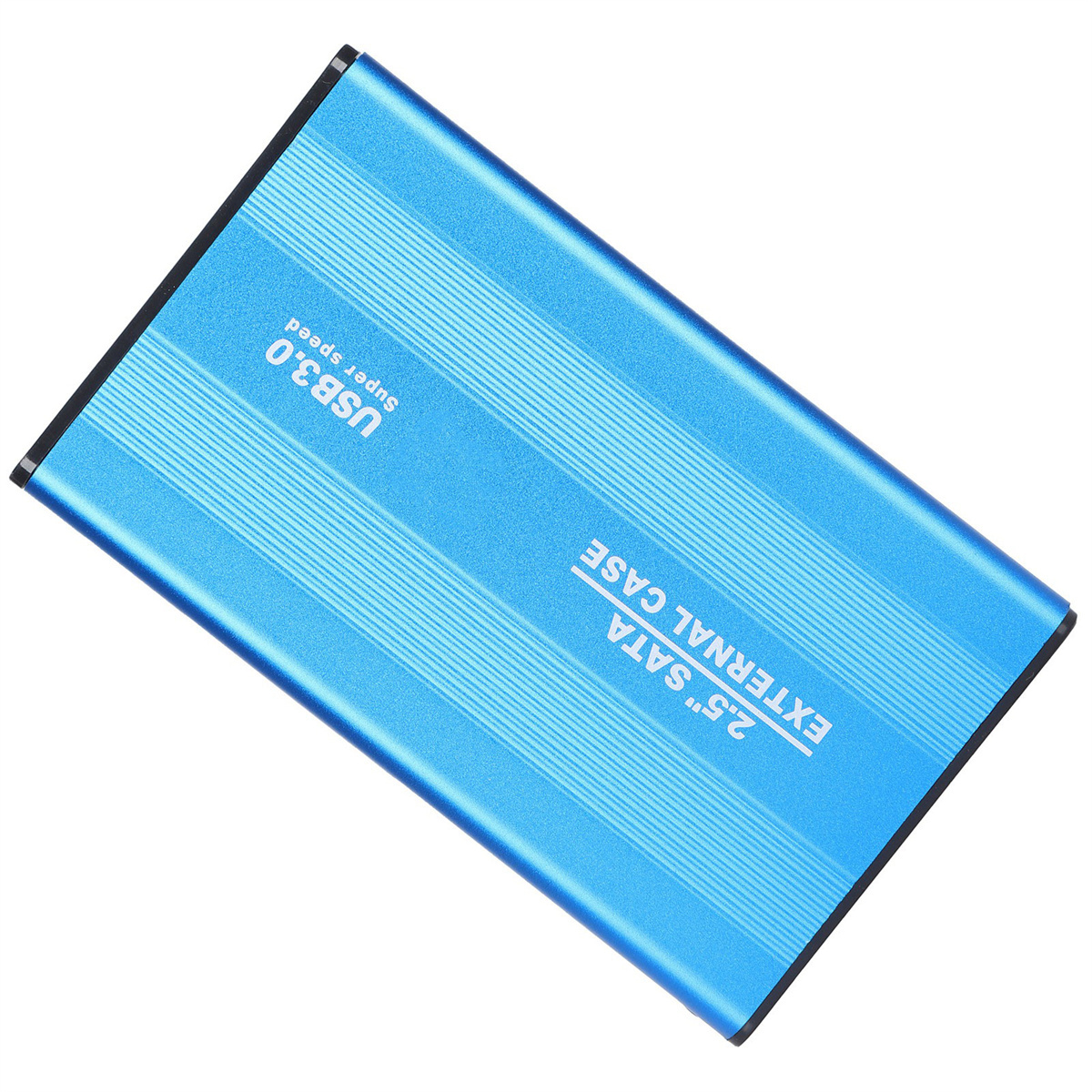 Blaues USB 3.0 externes Festplattengehäuse. Text: USB 3.0, Super Speed, 2,5" SATA externes Gehäuse.