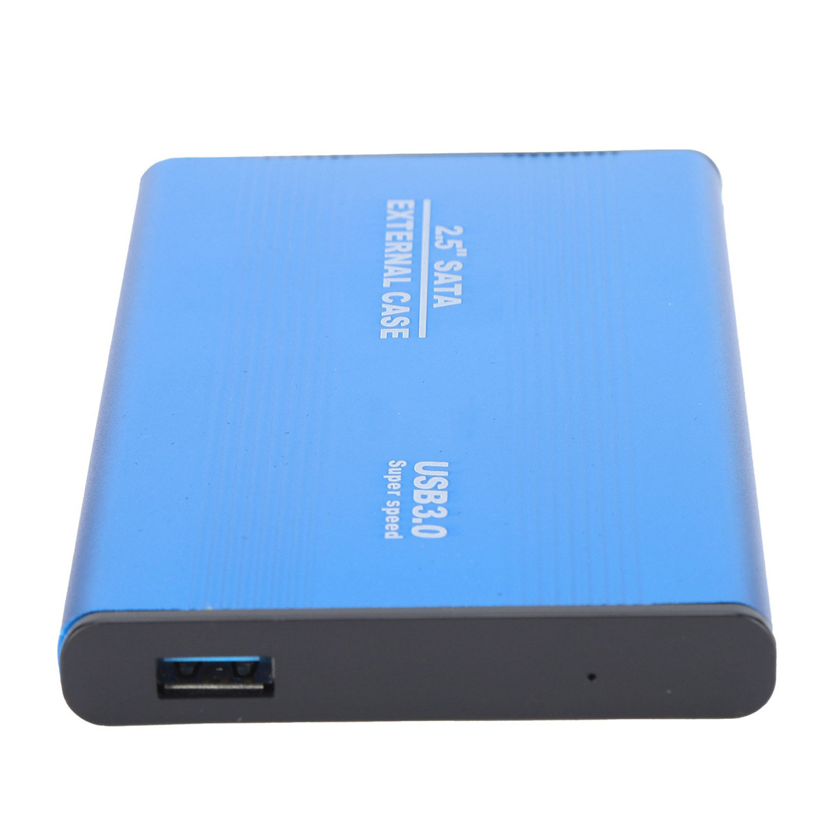 Blaues externes Festplattengehäuse mit USB 3.0-Anschluss und Text: 2,5 SATA, externes Gehäuse, Supergeschwindigkeit.