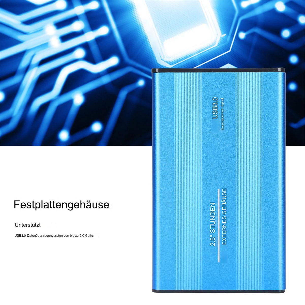 Blaue externe Festplatte, mit Hintergrund aus blauen Linien und Lichtern.