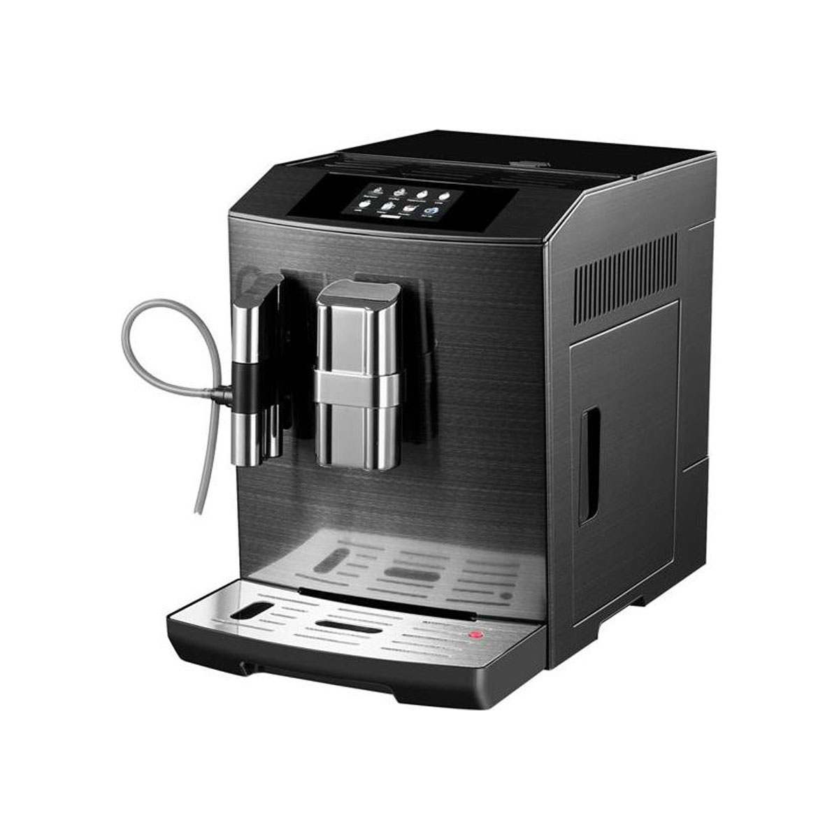 Czarny ekspres do kawy z dotykowym wyświetlaczem, srebrnym wylotem i tacką ociekową.