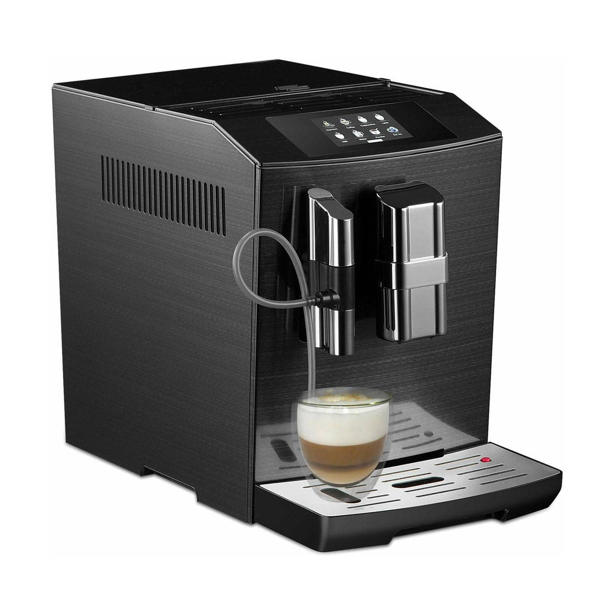 Czarny ekspres do kawy ze szklanką kawy. Ma ekran dotykowy i srebrny wylew.