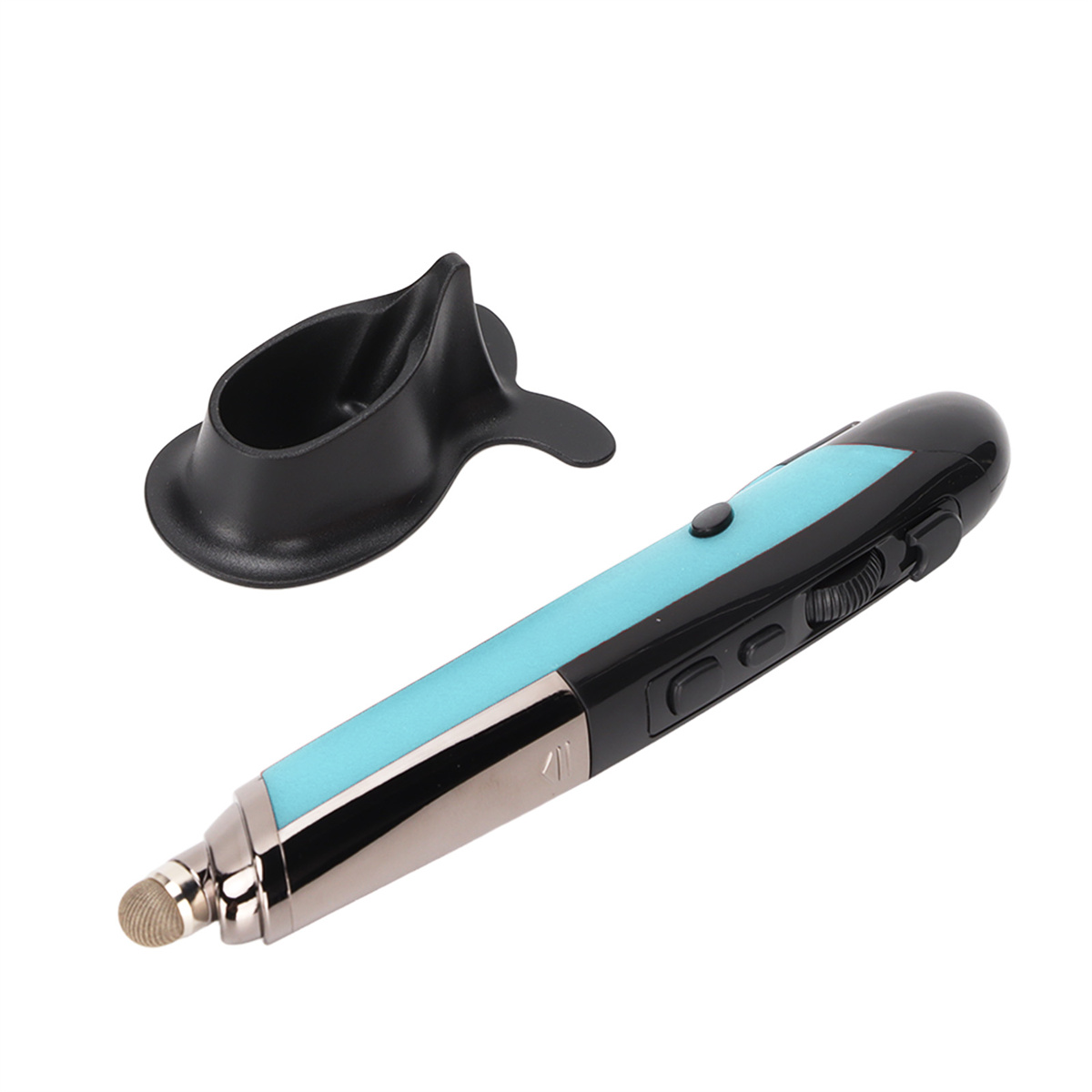 Ein schwarzer und blauer Stift mit einem schwarzen Halter. Der Stift hat eine silberne Spitze und Knöpfe.