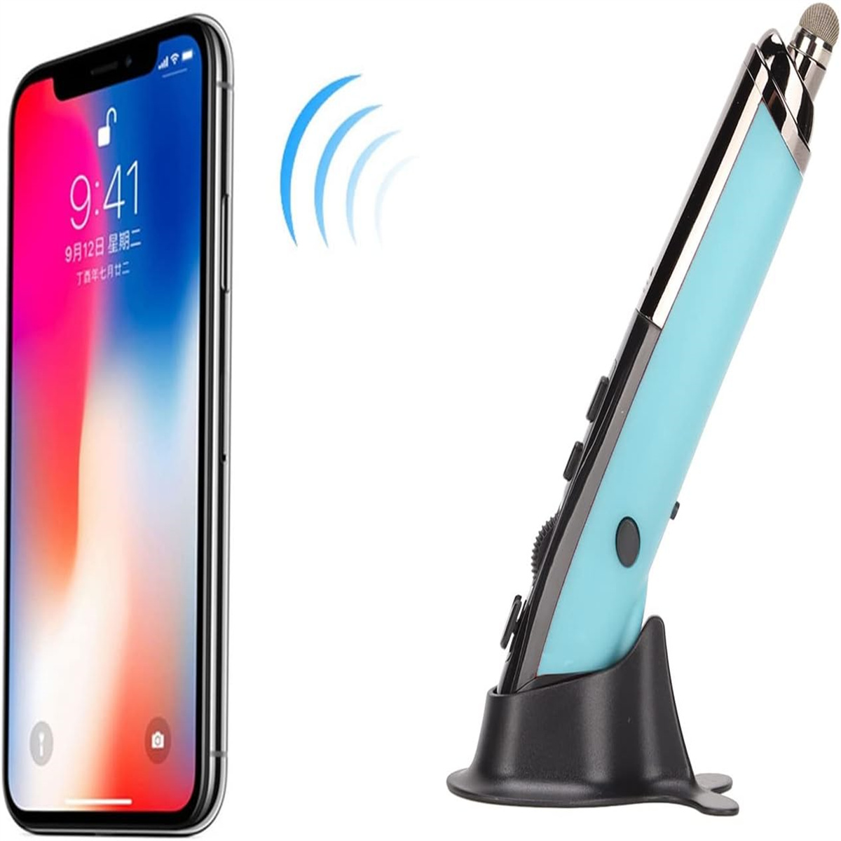 Smartphone und Eingabestift. Der Stift hat einen Stylus und Tasten. Blaue Bögen deuten auf Verbindung hin.