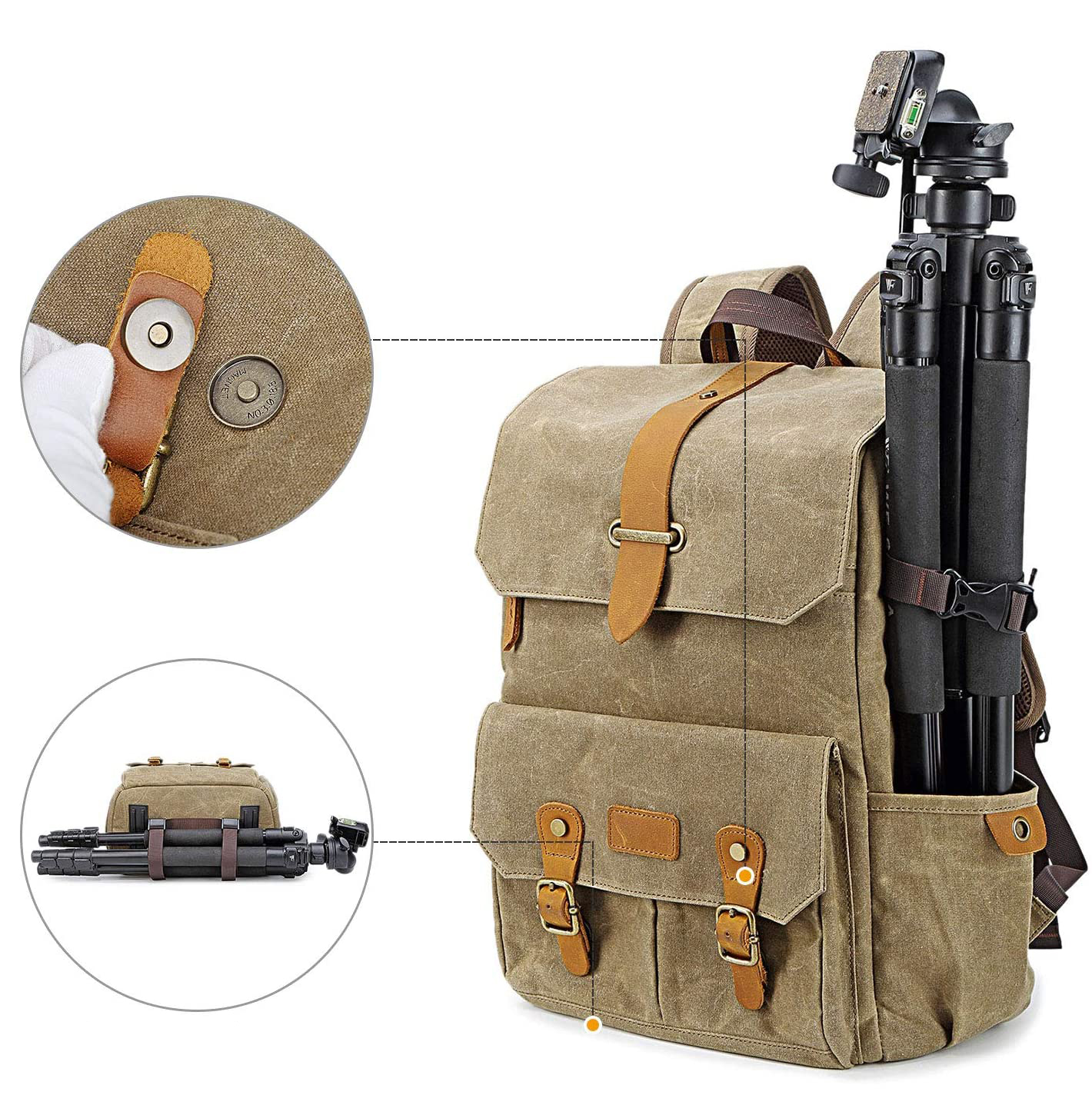 Ein beiger Canvas-Rucksack mit Lederriemen und Stativ. Hat zwei Taschen und eine Nahaufnahme.