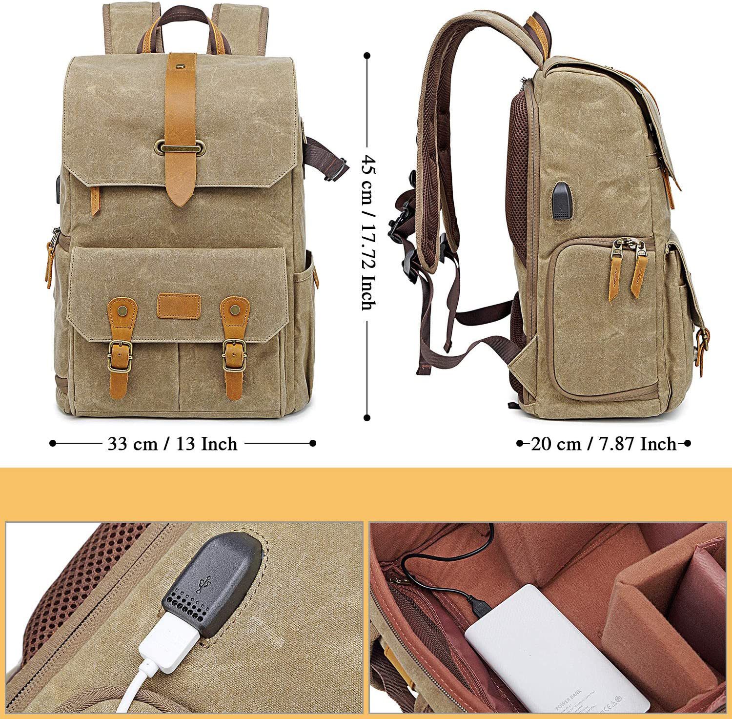 Beigefarbener Canvas-Rucksack, braune Lederakzente, mit Maßen und Detailaufnahmen der Taschen.