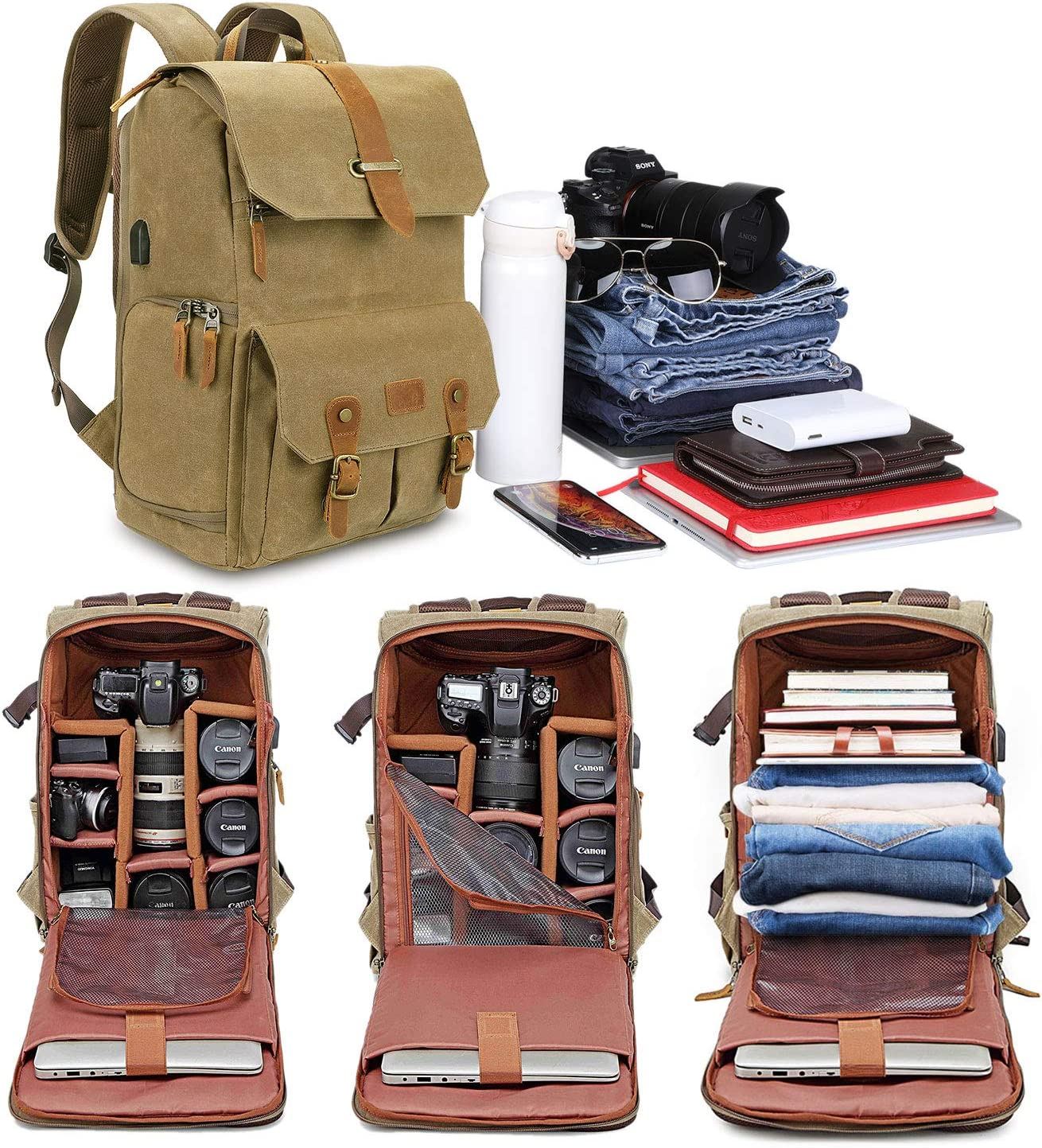 Ein Rucksack mit mehreren Fächern, offen und geschlossen, mit Kamera und Reiseausrüstung sichtbar.