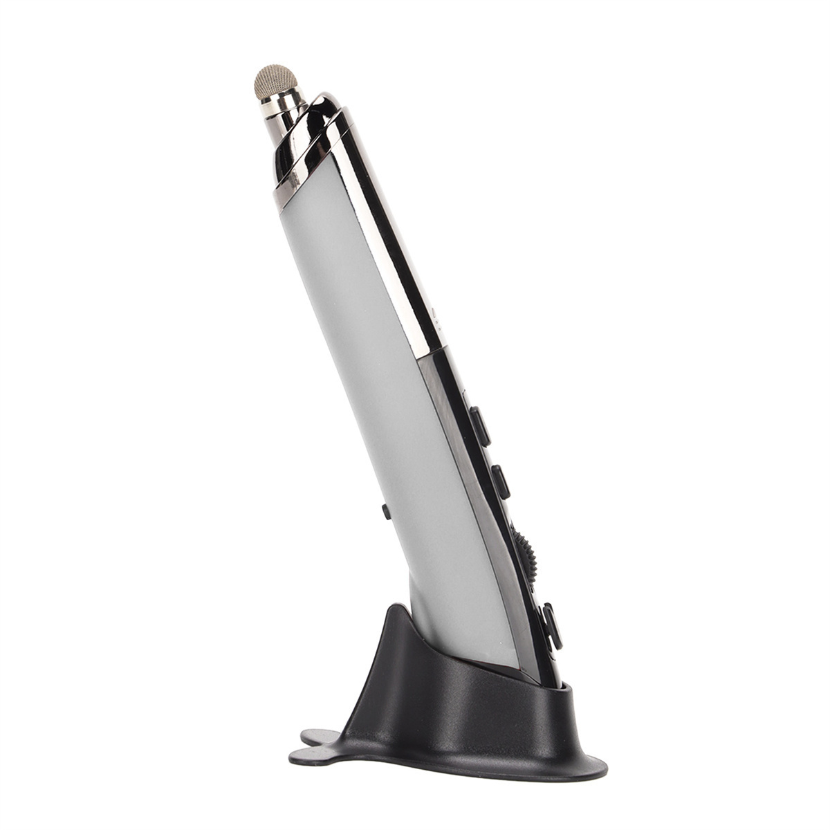 Eine schwarze Tischlampe mit Lampenschirm und Produktinformationen.