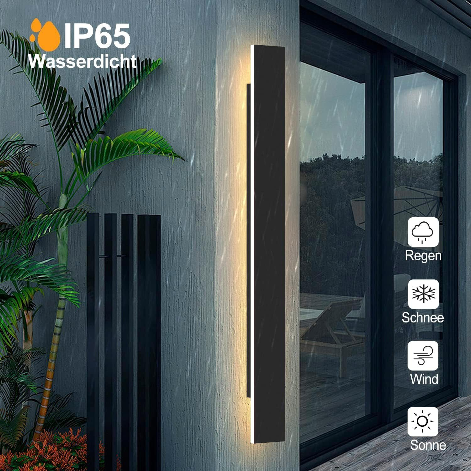 Wandmontierte schwarze LED-Leuchte mit Text, der IP65 wasserdicht anzeigt.