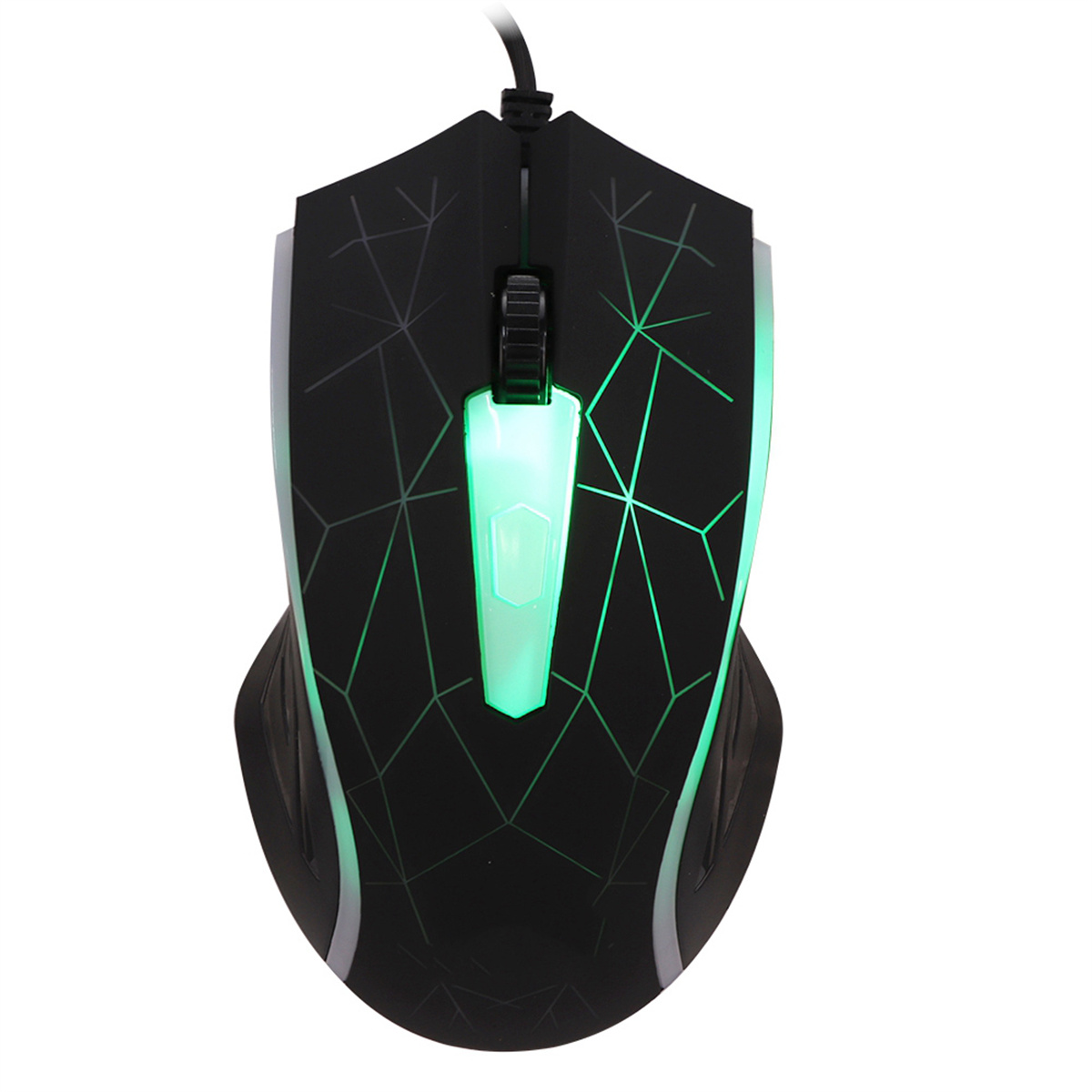 Schwarze Gaming-Maus mit leuchtend grünen Akzenten und Spinnennetzdesign.