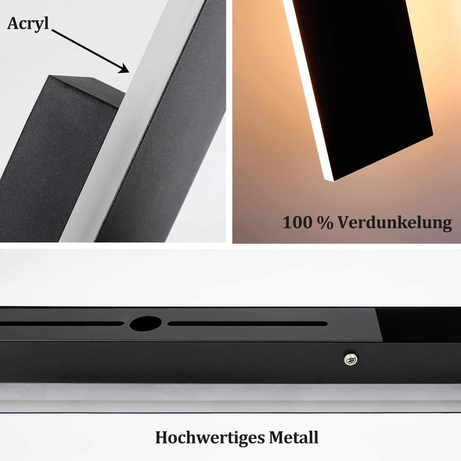 Details einer schwarzen Metallleuchte, einschließlich des Acryl-Elements und der Phrase 'Hochwertiges Metall'.
