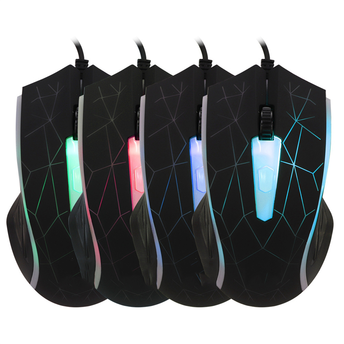 Fünf schwarze Gaming-Mäuse mit farbiger LED-Beleuchtung, jeweils mit Kabel.