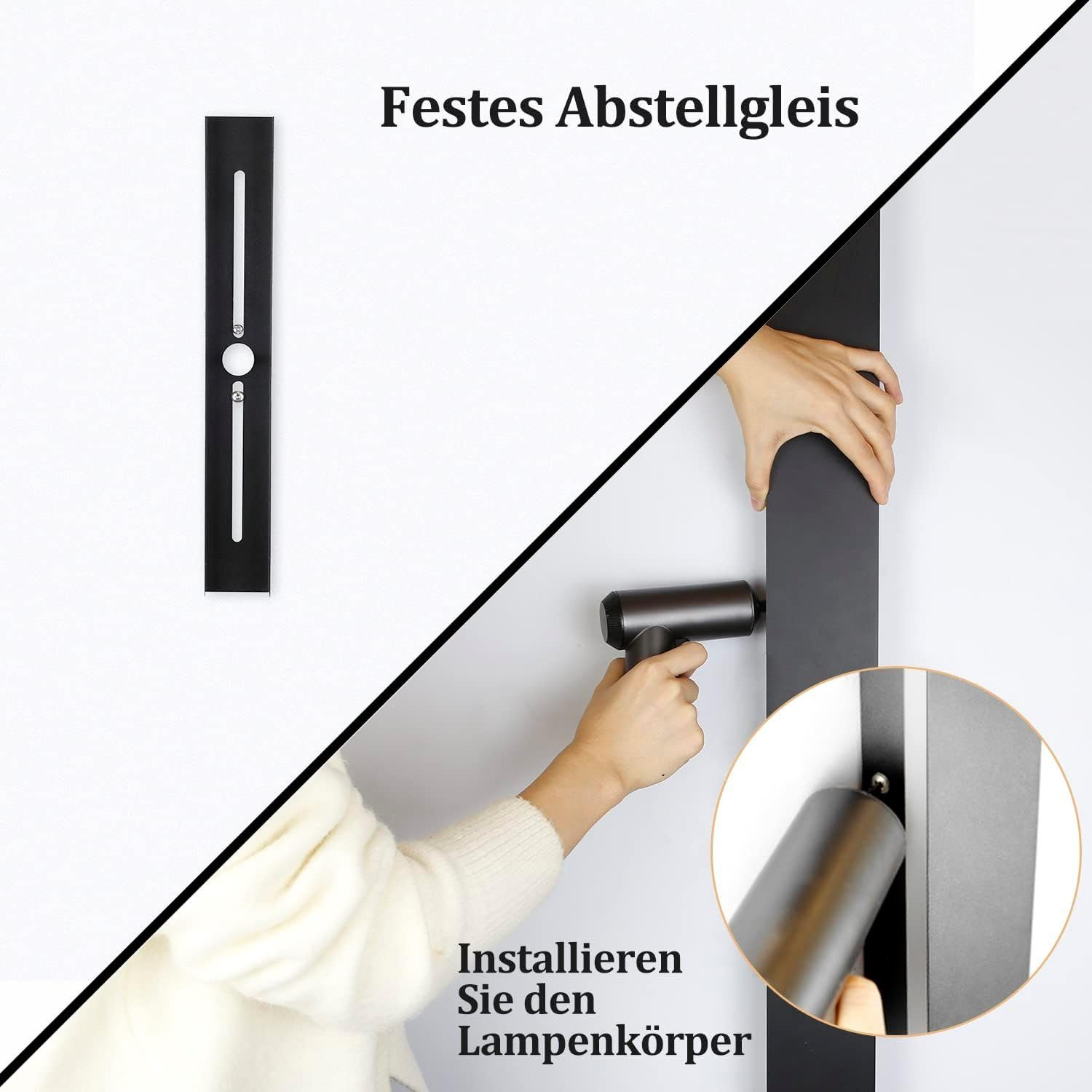 Hände installieren eine schwarze Metallstange an einer weißen Wand. Nahaufnahme zeigt eine Schraube.