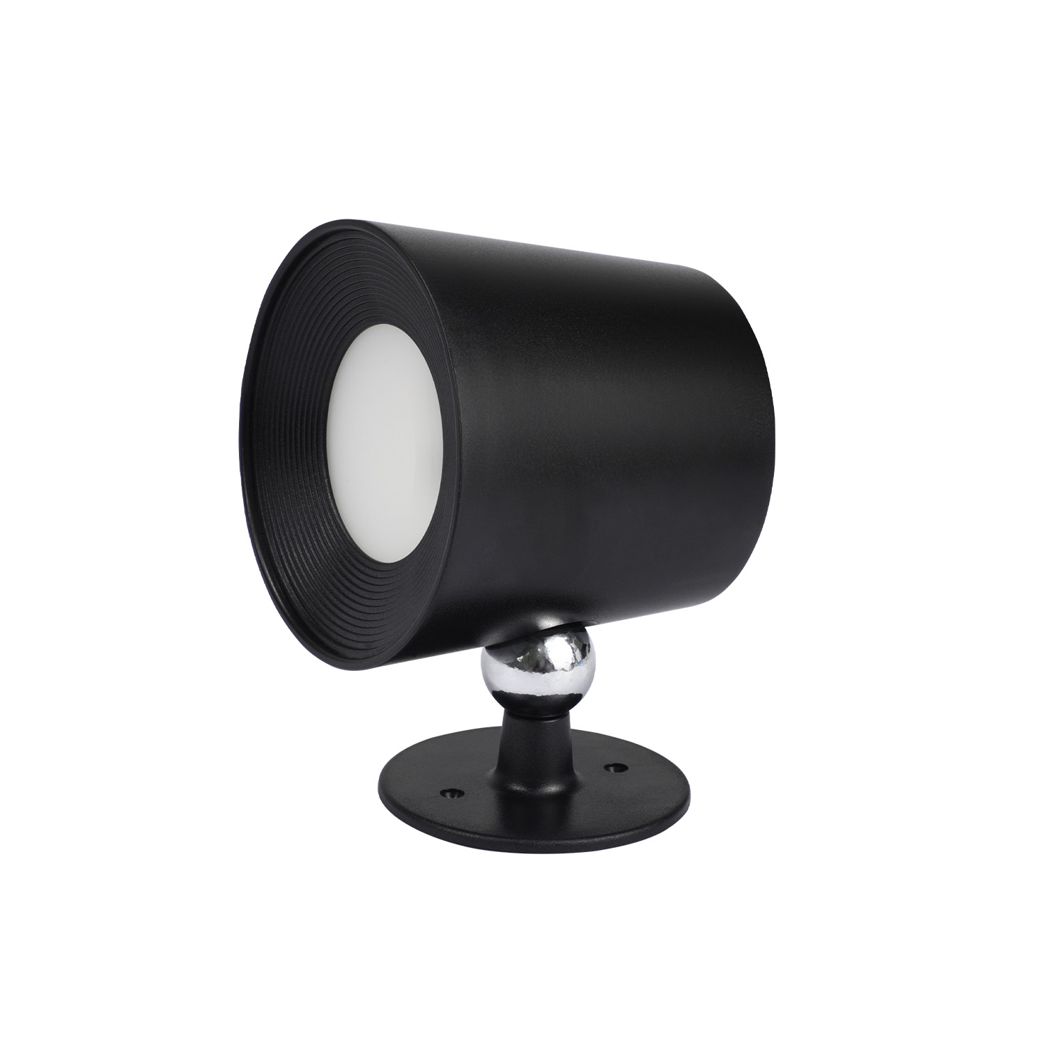 Czarny reflektor z białym światłem i chromowanym przegubem kulowym, zamontowany na podstawie.