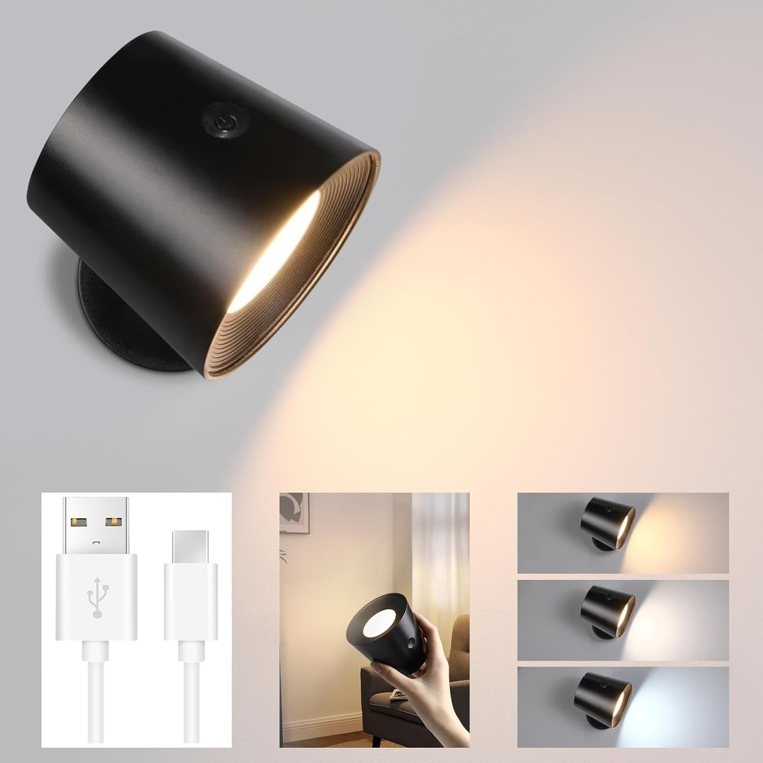 Czarna lampa cylindryczna ze skupioną wiązką światła na szarej ścianie i kablem USB.