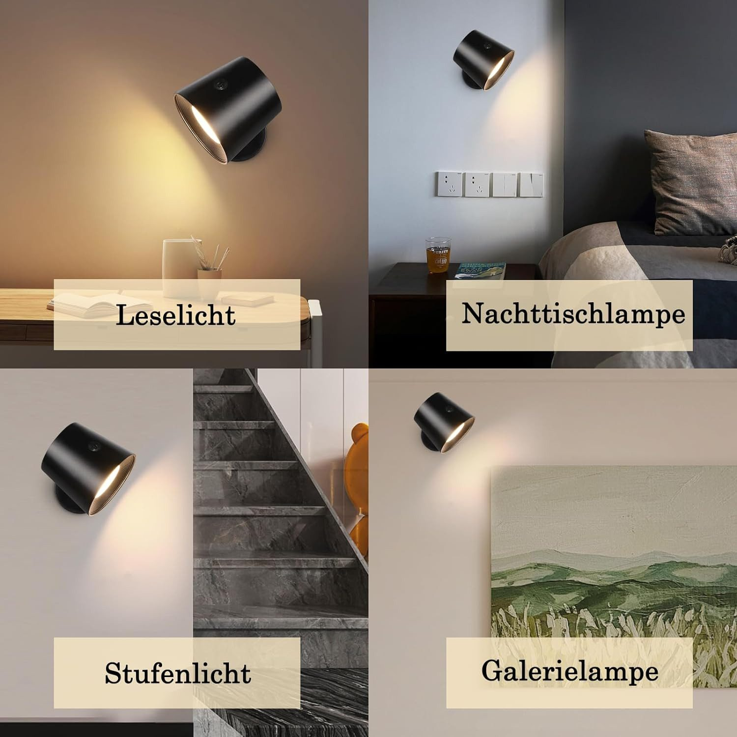 Cztery zdjęcia czarnych reflektorów używanych do różnych celów oświetleniowych z niemieckimi etykietami tekstowymi.